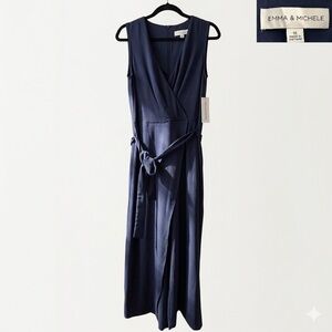 Emma & Michele Navy Blue Sleepless Wrap Jumpsuit Wide Leg 10 NWT